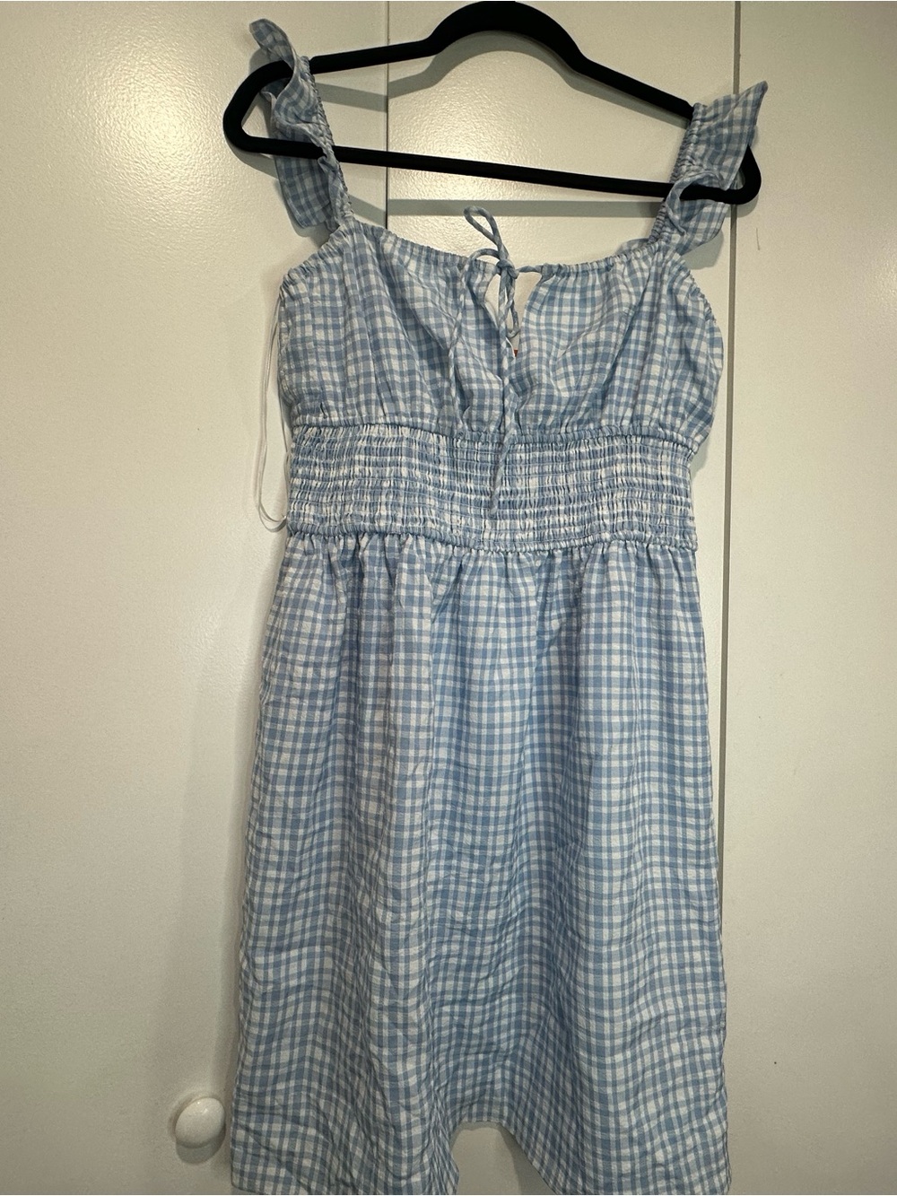 Wayf Light Blue Gingham Smocked Mini Dress